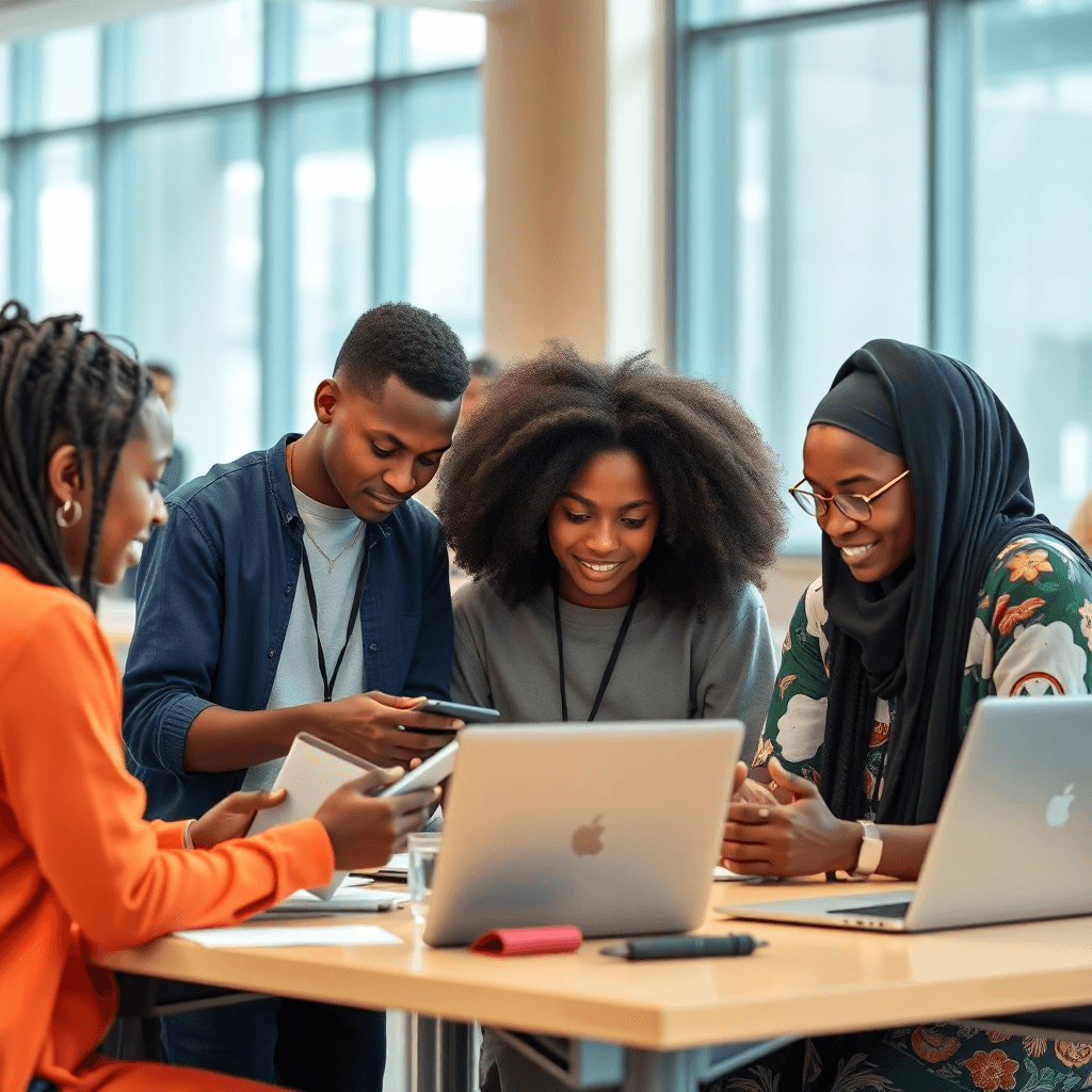 Nigerian students working on tech and design projects in a modern university setting, diverse group, collaborative environment